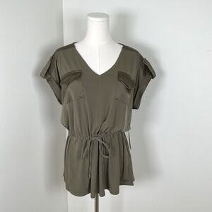 Calvin Klein Olive Green Drawstring Waist V Neck Short Sleeve Tunic Top M NWT‎
